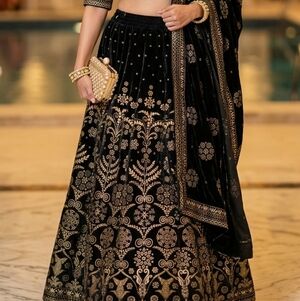 Elegant Black and Gold Embroidered Skirt And Top With Dupatta. Lehengha Set